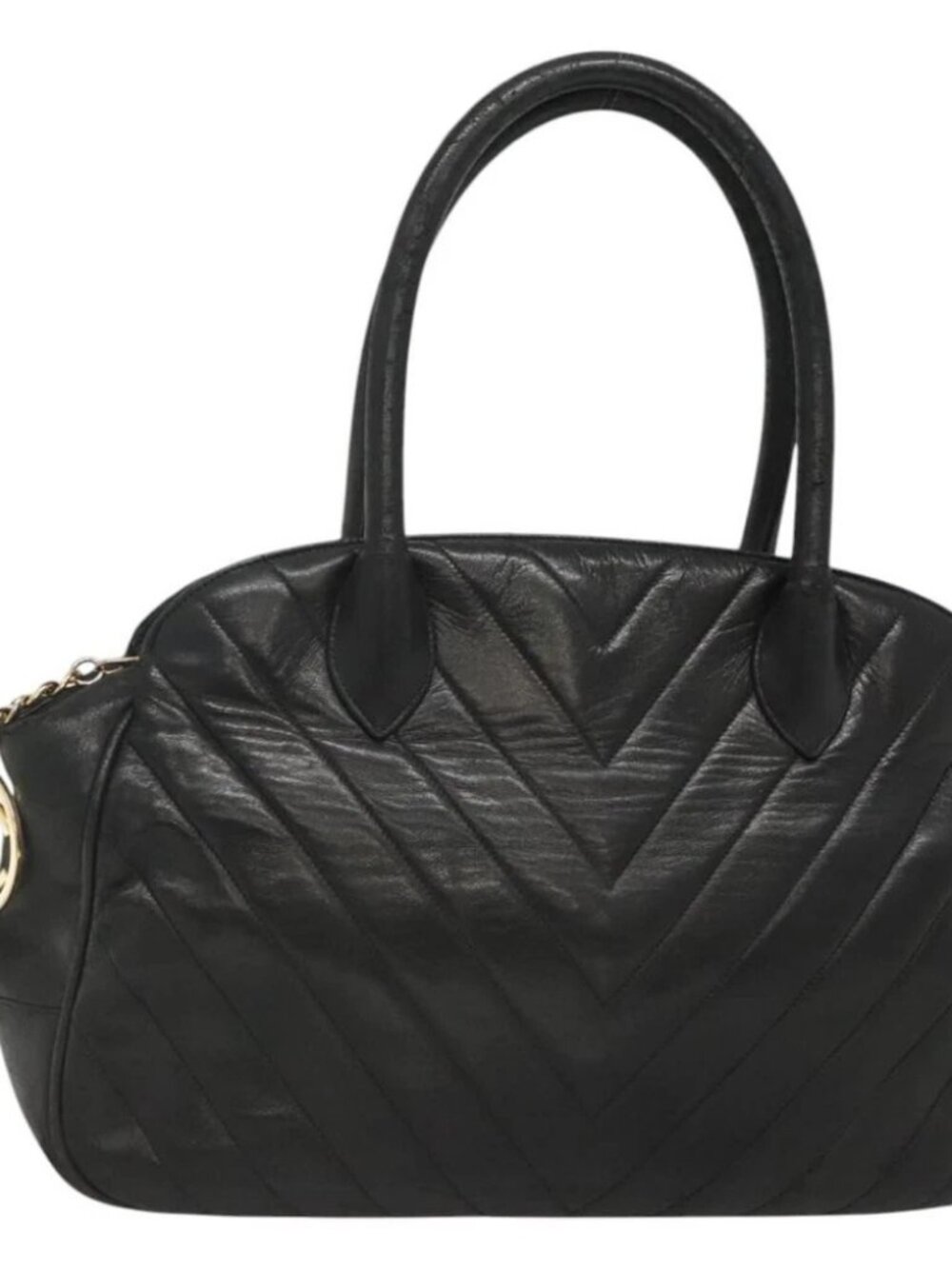CHANEL V stitch Hand Bag Lamb Skin Black CC Auth bs24282